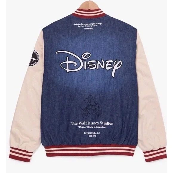 NEW Disney Animation Denim Varsity Jacket Men XL Embroidered Logo Cartoon Lined